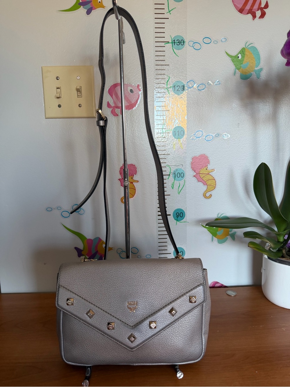 MCM Metallic Silver Studded Leather Crossbody